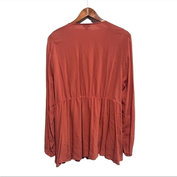 Torrid Babydoll Rayon Crepe Embroidered Lace-Up Top in Redwood - Picture 4 of 6